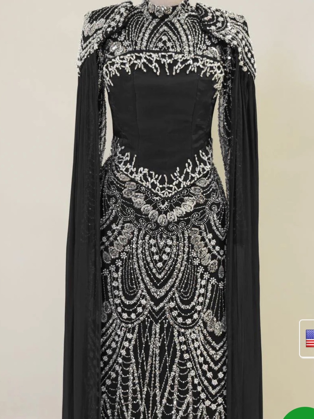 Black Long-Sleeve Beaded Formal Gown with Draped Sleeves